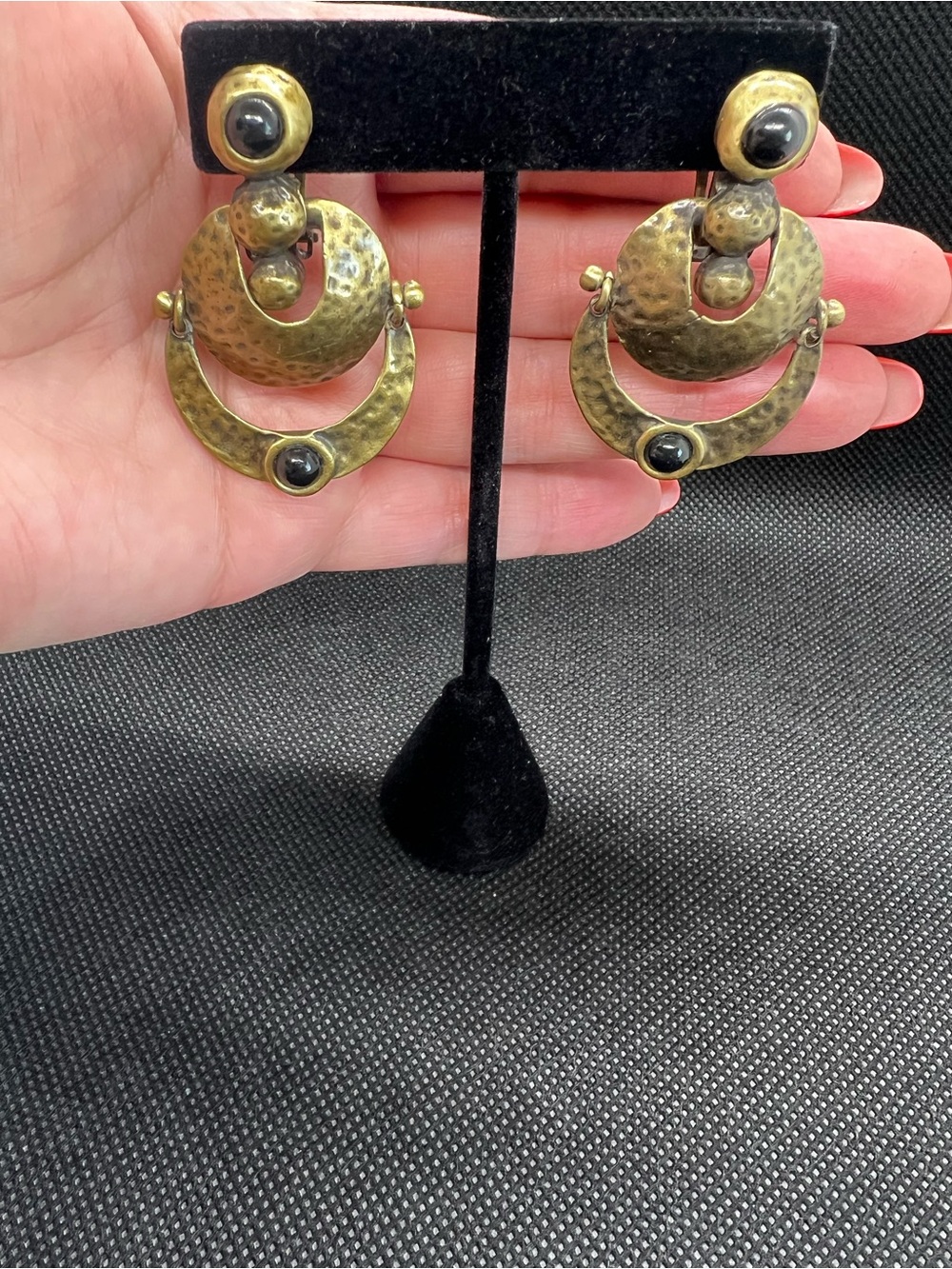 Vintage 80-90’ old stock, Gold-Tone Hammered Hoop Drop Earrings with Black Stone